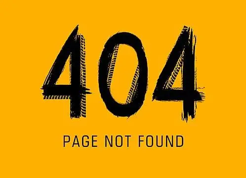 تصویر خطای ۴۰۴ با نوشته‌ی بزرگ "404 Page Not Found" روی زمینه زرد، نشان‌دهنده در دسترس نبودن یک صفحه وب.