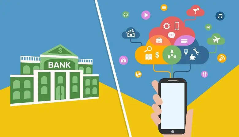 نمایی از مقایسه بانک سنتی با خدمات بانکی دیجیتال از طریق تلفن همراه، با آیکون‌های متنوع مربوط به خدمات مالی و ارتباطی.